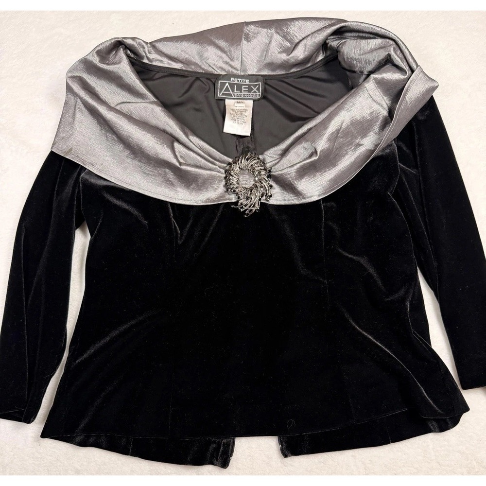 Alex Evenings Blouse Womens Petite Medium Black Velvet Off Shoulder Beaded Top